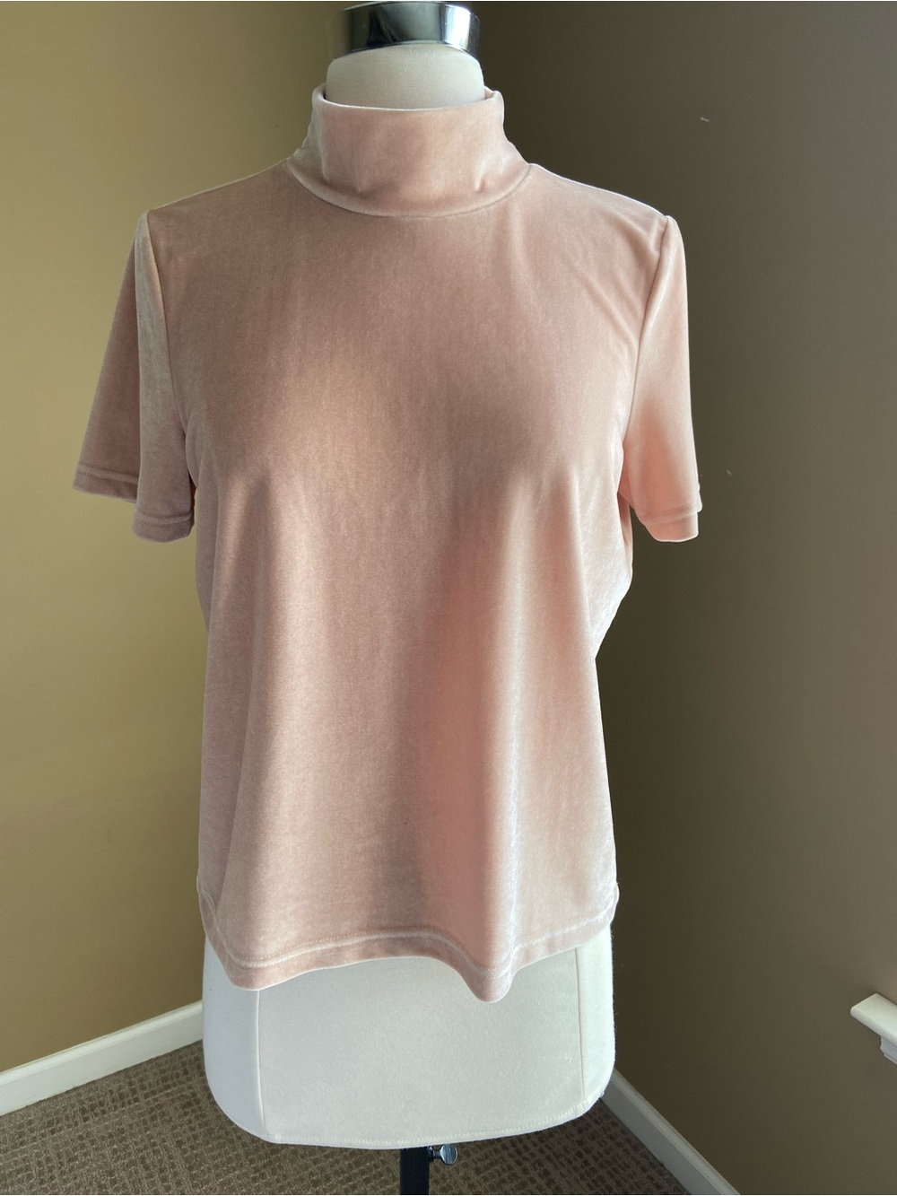 Madewell Tan Velvet Mock Neck Short Sleeve Top Small Minimalist Office Work Fall